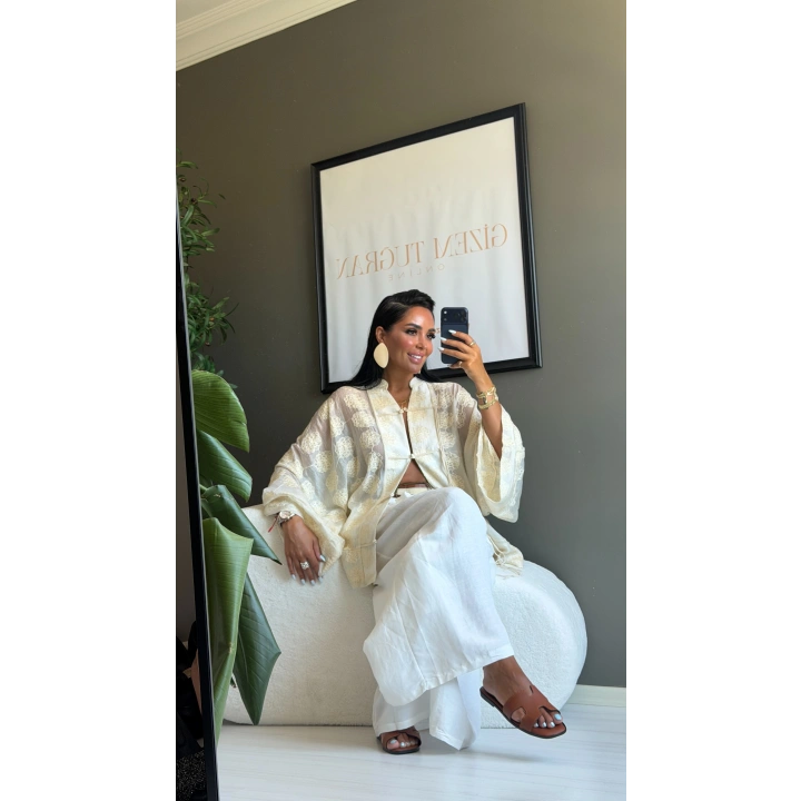 İşlemeli Kimono Ekru