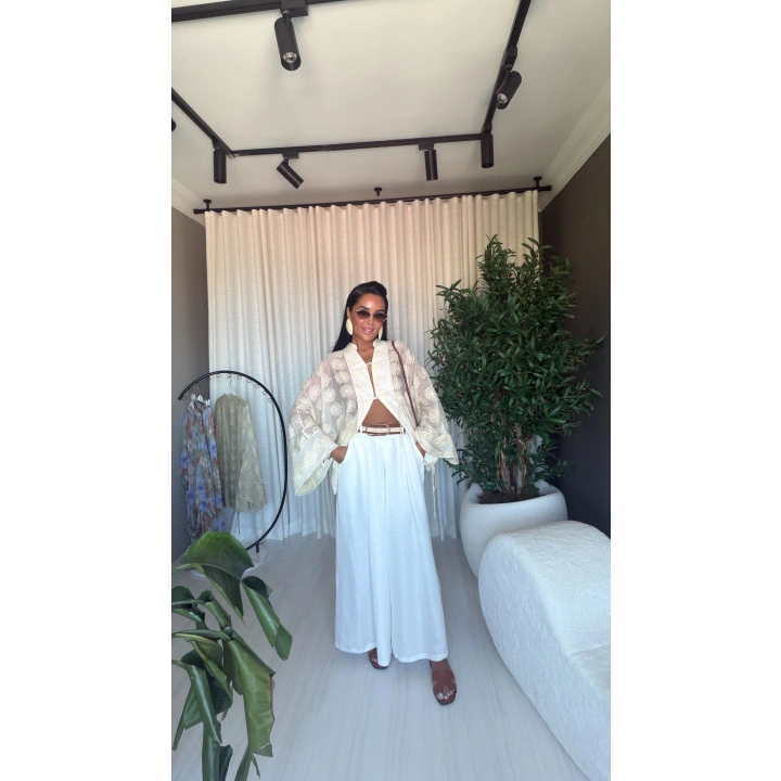 İşlemeli Kimono Ekru