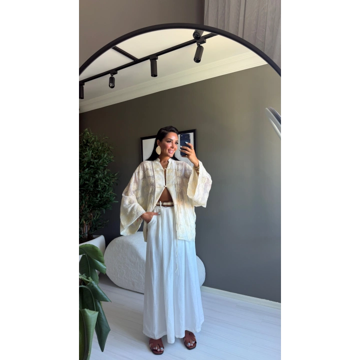 İşlemeli Kimono Ekru