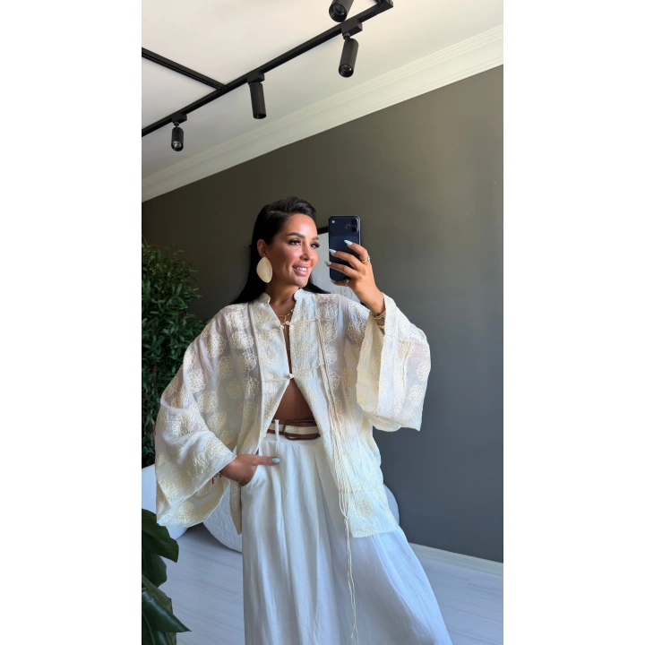 İşlemeli Kimono Ekru