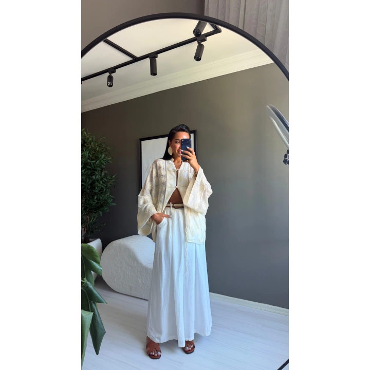 İşlemeli Kimono Ekru