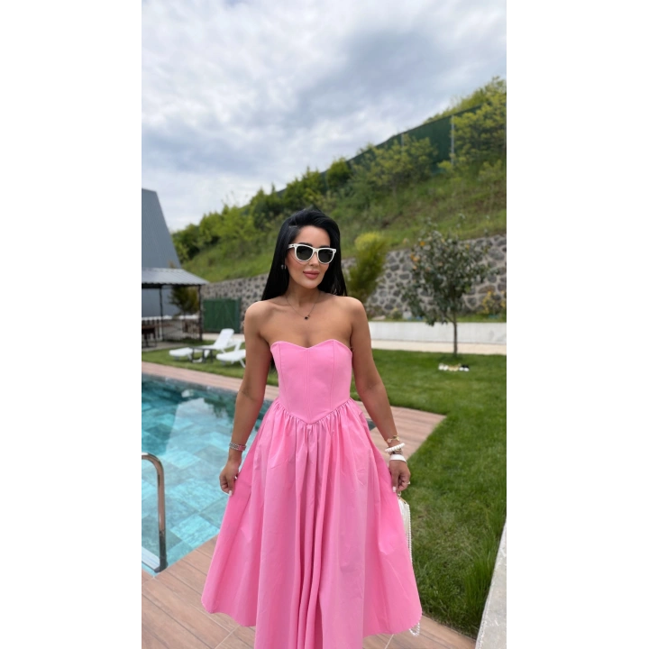 Kalp yaka Midi Boy Pembe Elbise