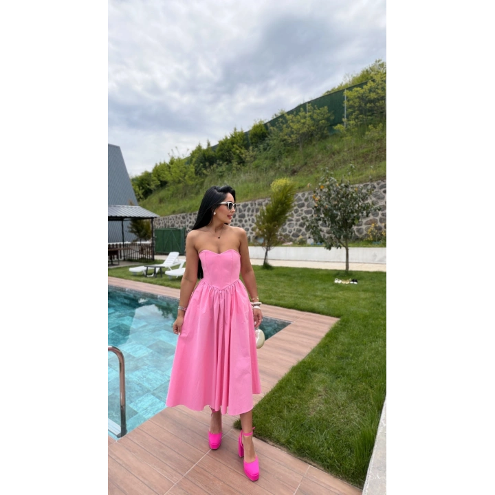 Kalp yaka Midi Boy Pembe Elbise