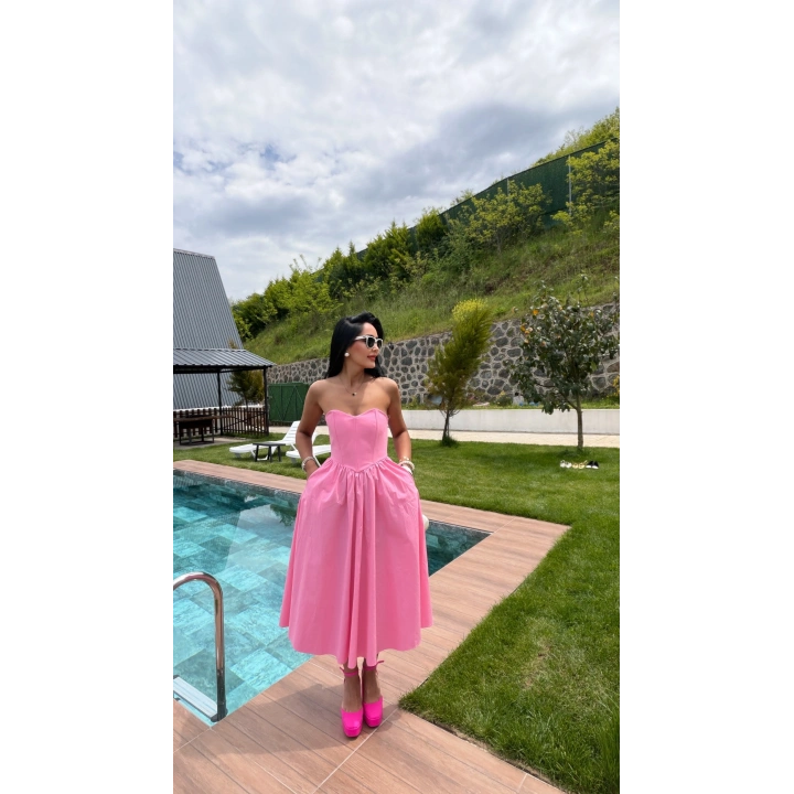 Kalp yaka Midi Boy Pembe Elbise