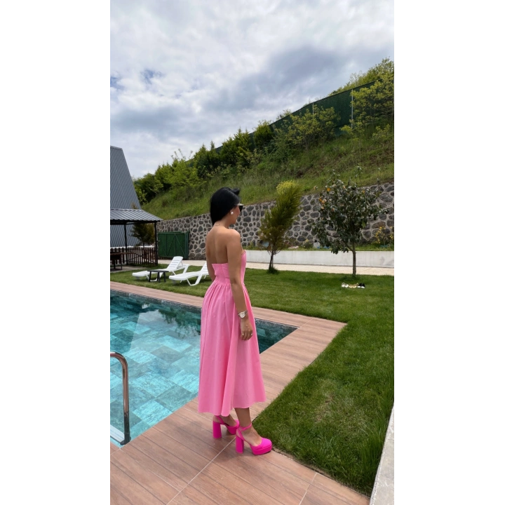 Kalp yaka Midi Boy Pembe Elbise