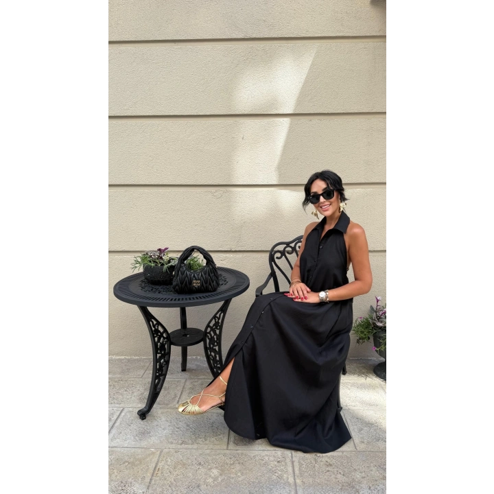 Keten Halter Yaka Maxi Elbise Siyah