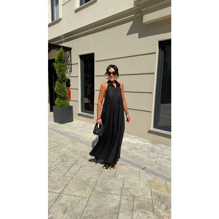 Keten Halter Yaka Maxi Elbise Siyah