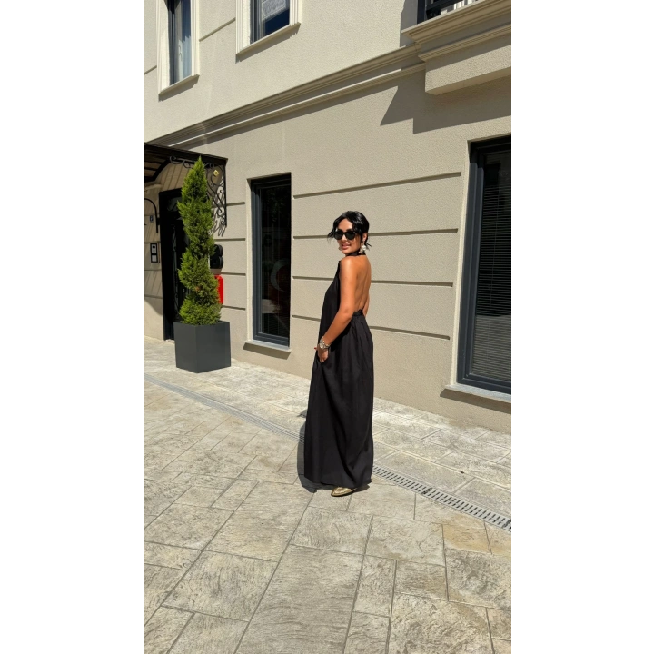 Keten Halter Yaka Maxi Elbise Siyah