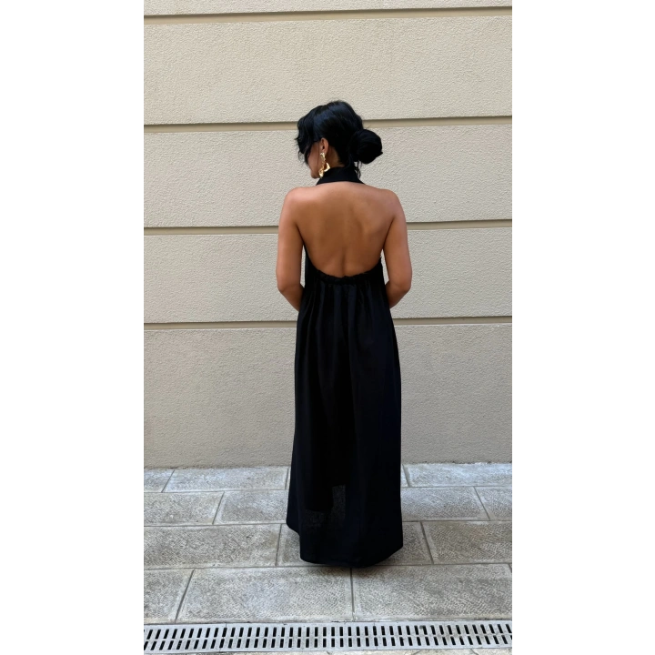 Keten Halter Yaka Maxi Elbise Siyah