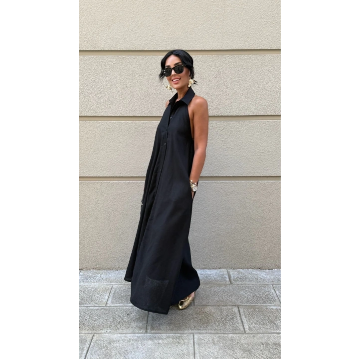 Keten Halter Yaka Maxi Elbise Siyah
