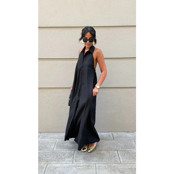 Keten Halter Yaka Maxi Elbise Siyah