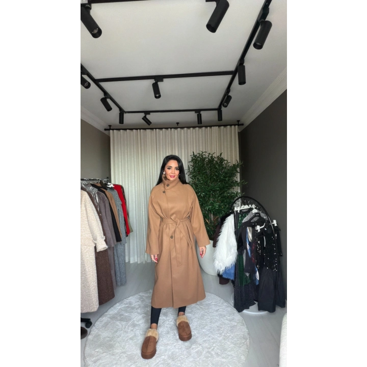 Maxi Boy Dik Yaka Kaşe Taba Kaban
