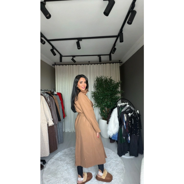 Maxi Boy Dik Yaka Kaşe Taba Kaban