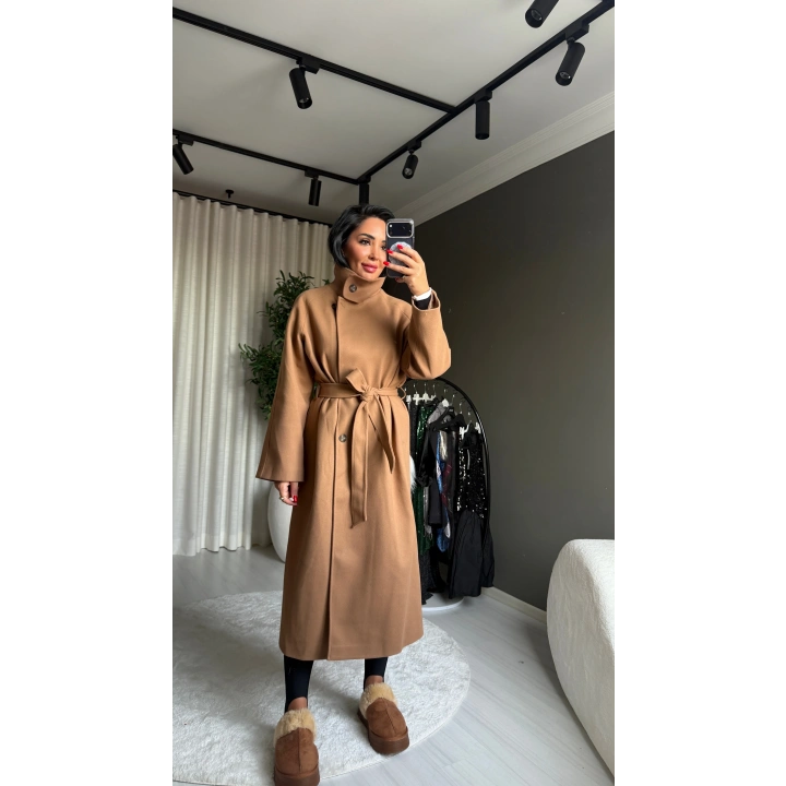 Maxi Boy Dik Yaka Kaşe Taba Kaban