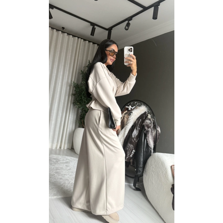 Modal Kumaş Kemer Detaylı Bej Eşofman Takım