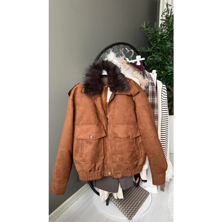 Nubuk Kürk Yakalı Bomber Taba Mont