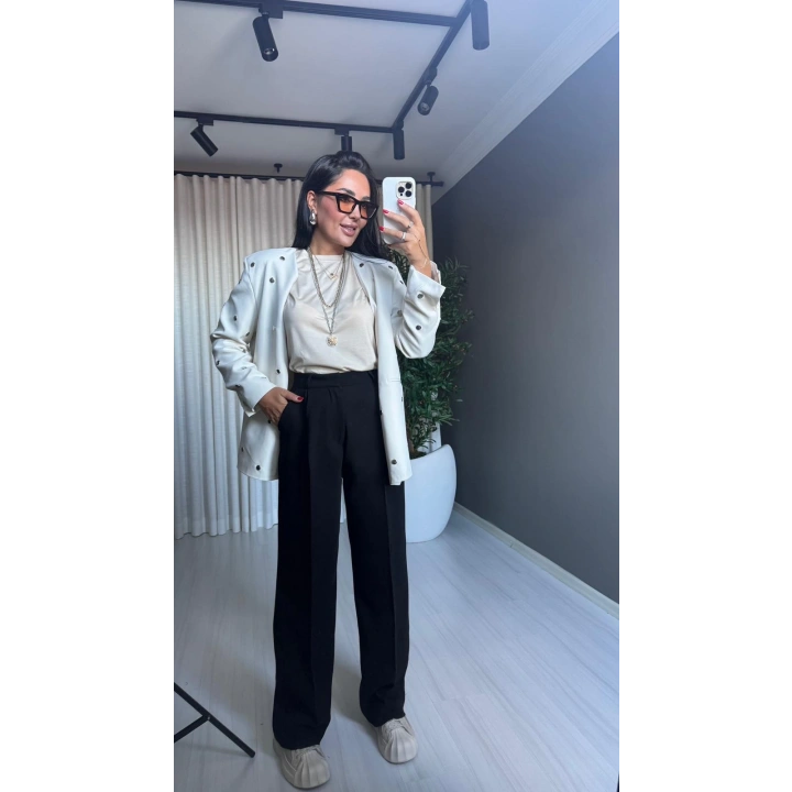 Pamuklu Kumaş Zımbalı Bej Blazer Ceket