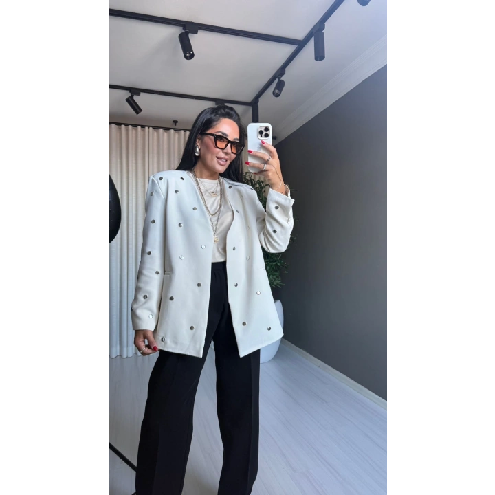 Pamuklu Kumaş Zımbalı Bej Blazer Ceket