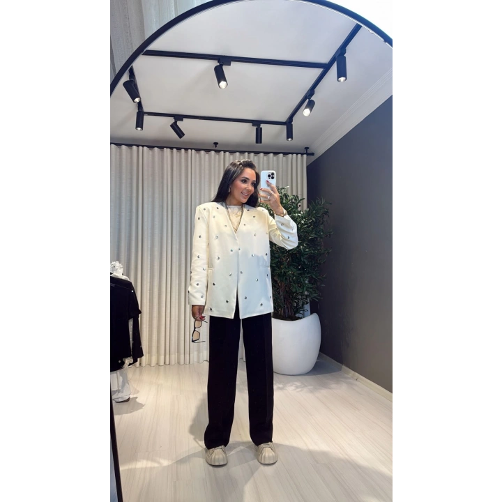 Pamuklu Kumaş Zımbalı Bej Blazer Ceket