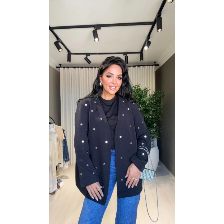 Pamuklu Kumaş Zımbalı Siyah Blazer Ceket