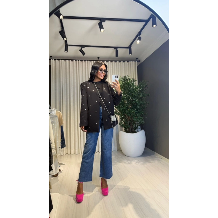 Pamuklu Kumaş Zımbalı Siyah Blazer Ceket