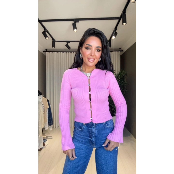 Q Fitilli Düğmeli Hırka Pembe
