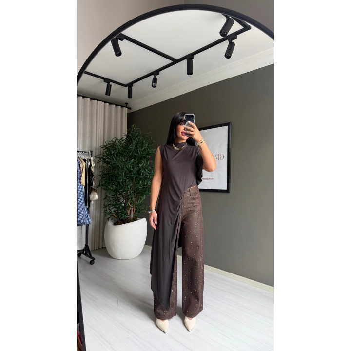 Tek Omuz Uzun Kahverengi Bluz