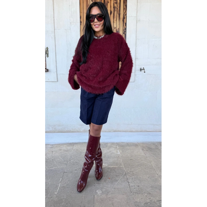Tüğlü Oversize İspanyol Kol Bordo Kazak