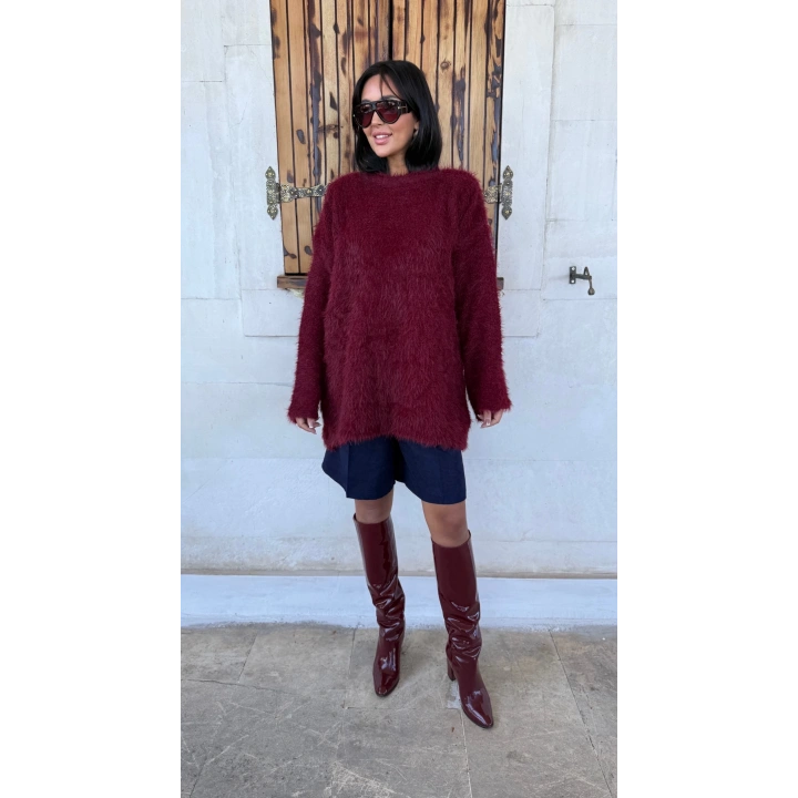 Tüğlü Oversize İspanyol Kol Bordo Kazak