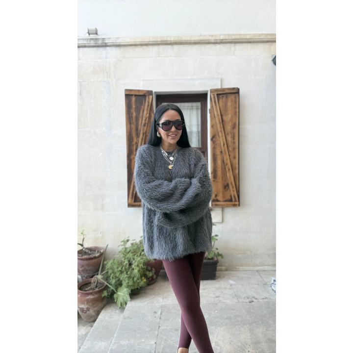 Tüğlü Oversize İspanyol Kol Gri Kazak