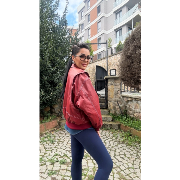 Vintage Deri Bomber Kırmızı Mont