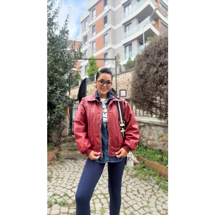 Vintage Deri Bomber Kırmızı Mont