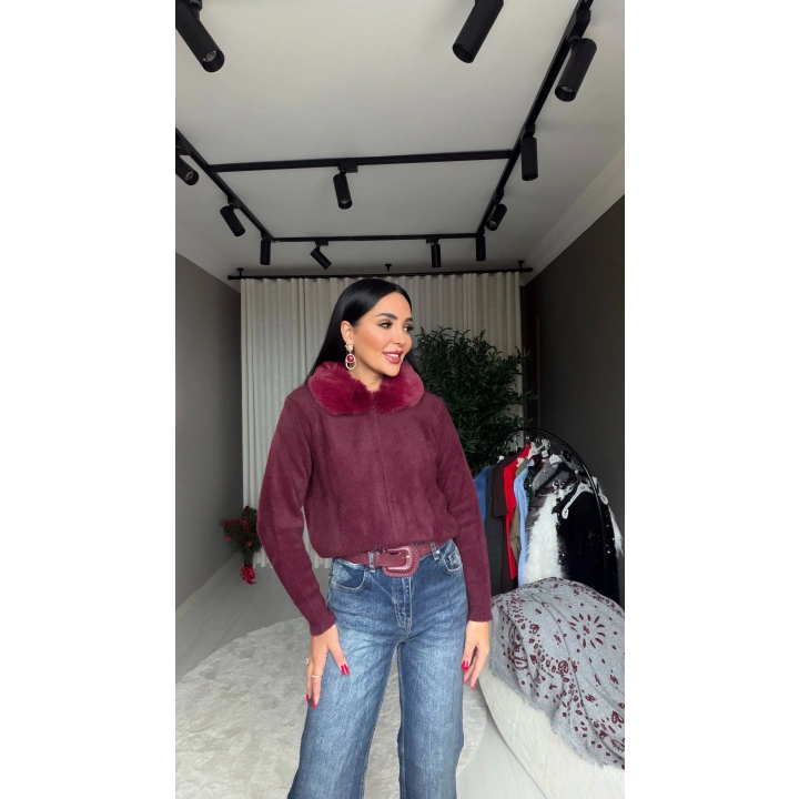 Yakası kürklü fermuarlı Bordo Hırka