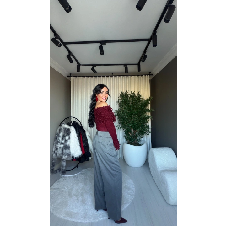 Yüksek Bel Detaylı Gri Palazzo Pantolon