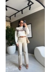 Kemerli Likralı Bej Jean