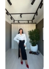 Yandan Yırtmaçlı Kemerli Midi Siyah Etek