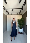 Dilvin Sıfır Yaka Kloş Jean Elbise