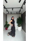 Şifon Kat Kat Yırtmaçlı Kemerli Uzun Siyah Etek