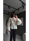 Şifon Vatkalı Beli Lastikli Ekru Bluz