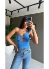 Tek Omuz Tokalı Mavi Bluz