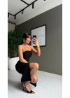Straplez Dar Düğmeli Siyah Elbise