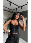 Fermuarlı Siyah Crop