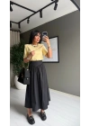 Paraşüt Kumaş Siyah Midi Etek