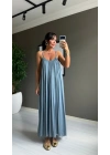 Pery Askılı Sırtı Açık Maxi Mavi Elbise
