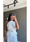 Halter Yaka Tokalı Bluz Beyaz