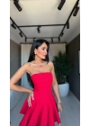 Straplez Volanlı Mini Kırmızı Elbise