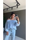 Şifon Madonna Yaka Bluz Mavi