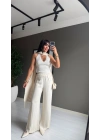 Beli Lastikli Saten Pantolon Ekru