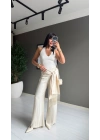Beli Lastikli Saten Pantolon Ekru