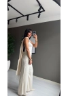 Beli Lastikli Saten Pantolon Ekru